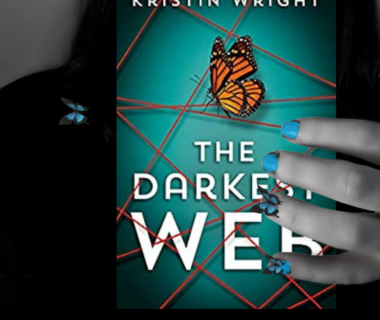A person holds a book with a butterfly on the cover titled 'The Darkest Web'